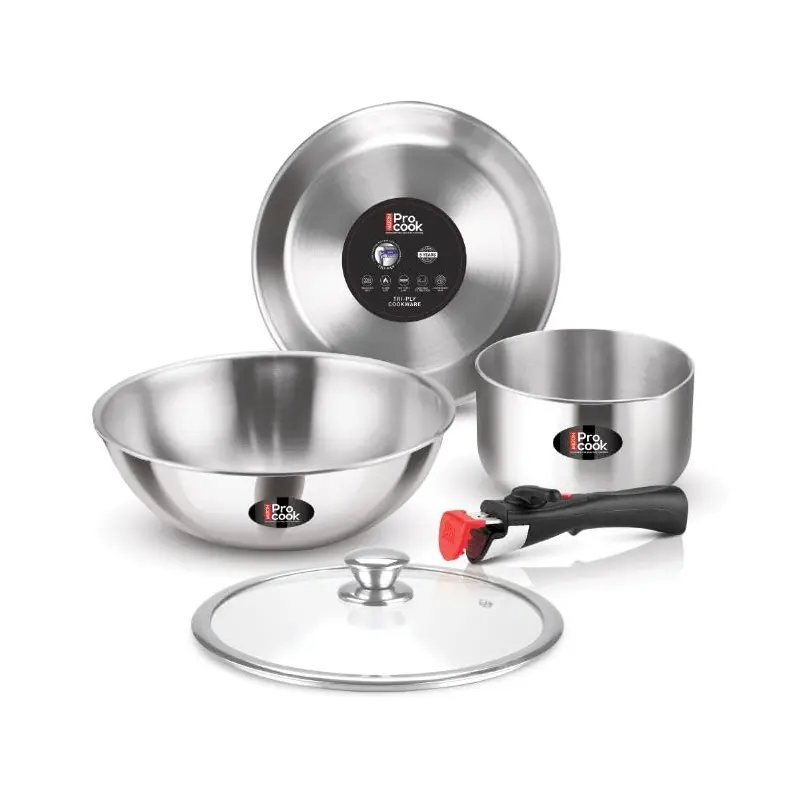 Triply Stainless Steel Cookware Set with Detachable Handle