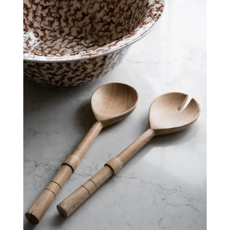 Notched Oak Wood Salad Servers