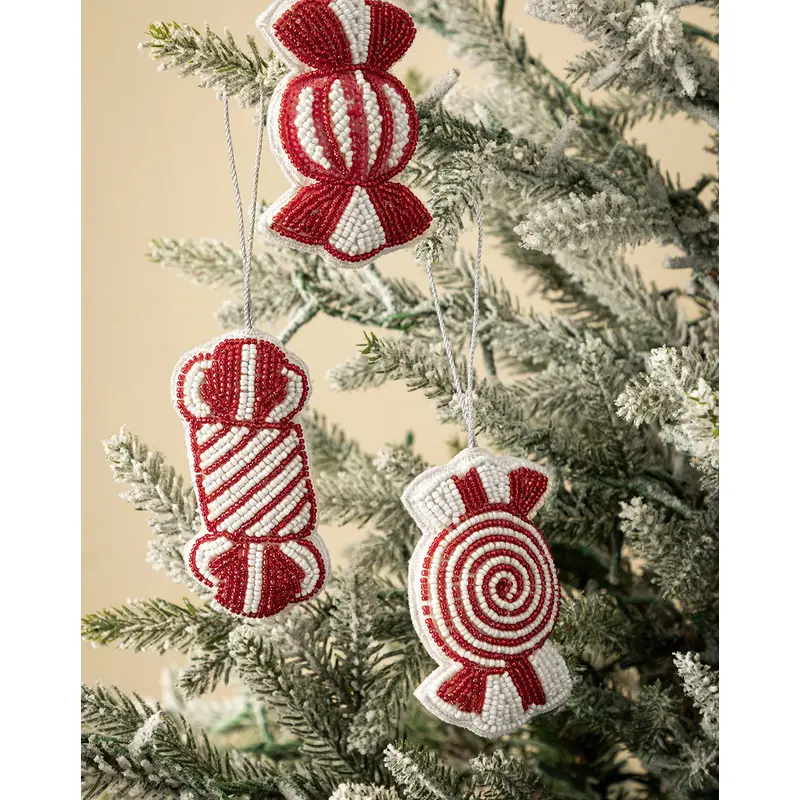 Handmade Beaded Candy Fabric Ornaments (Set of 3)