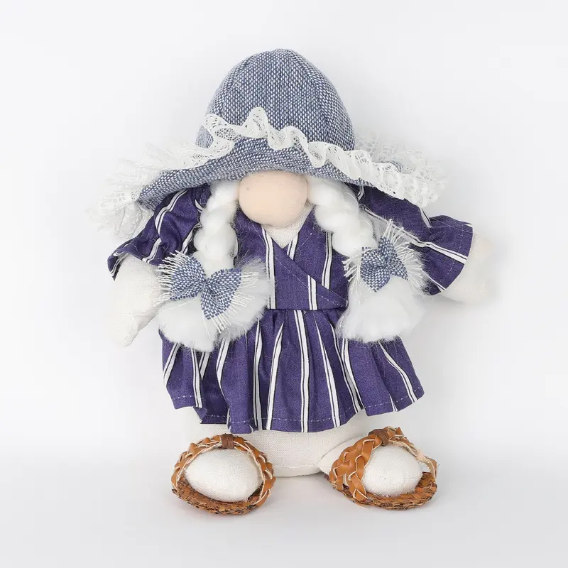 Spring Table Top Gnome with Dark Blue Striped Dress.