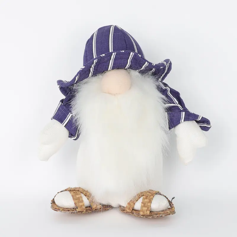 Spring Table Top Gnome with Dark Blue Striped Hat.