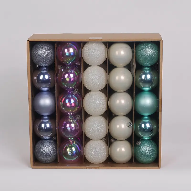 50 Shatterproof Ornaments box set - Turquoise, White, Iridescent and Light Blue Grey