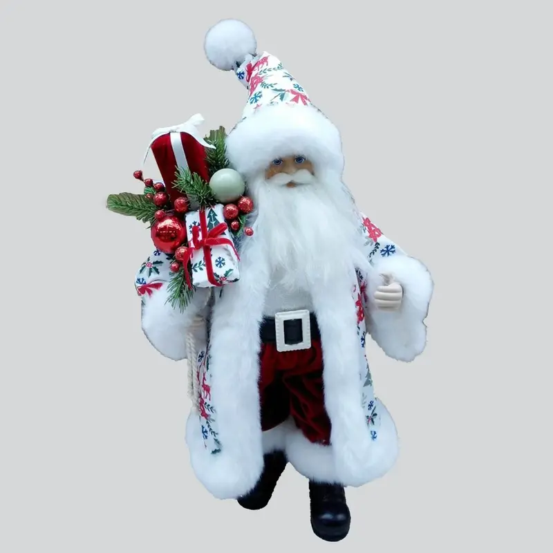 Floral santa in puffy jacket, velvet pants