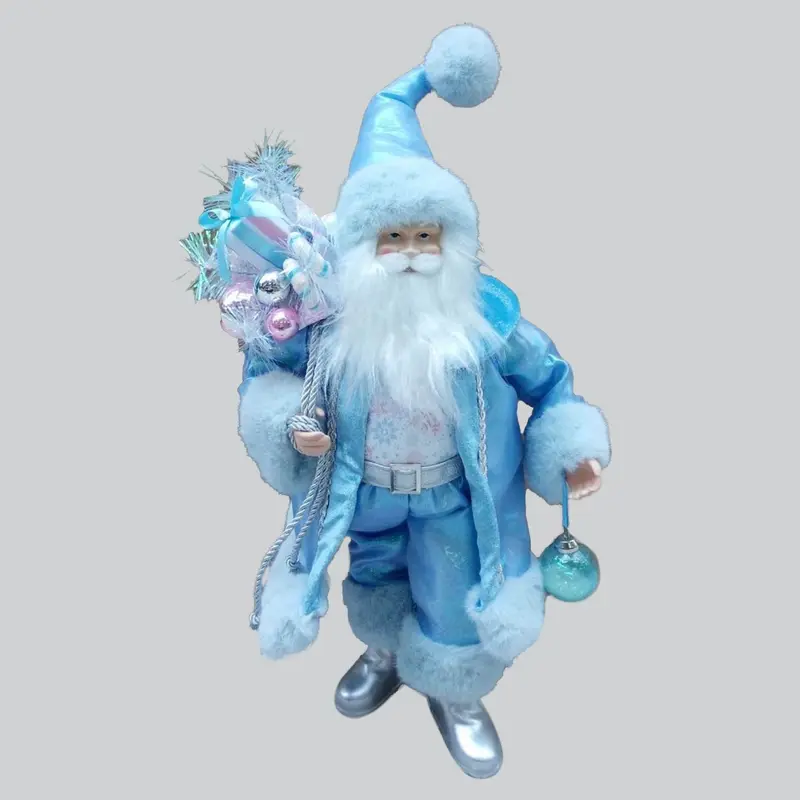 Santa Claus in blue suit holding presents