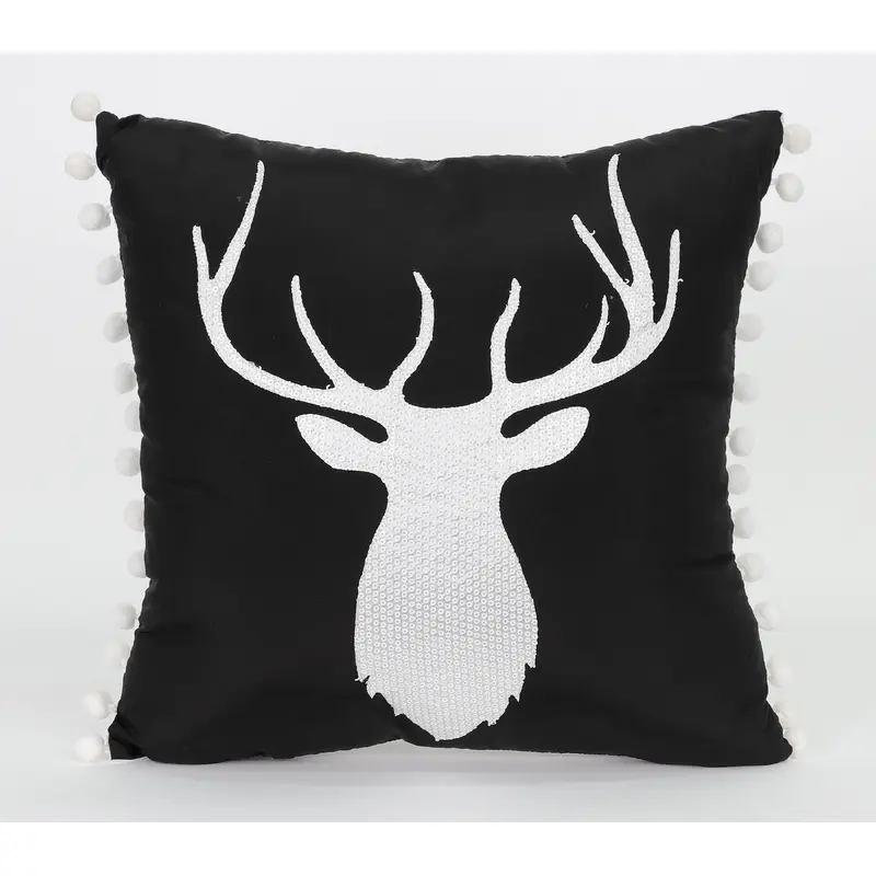 Square black and white pillow with deer