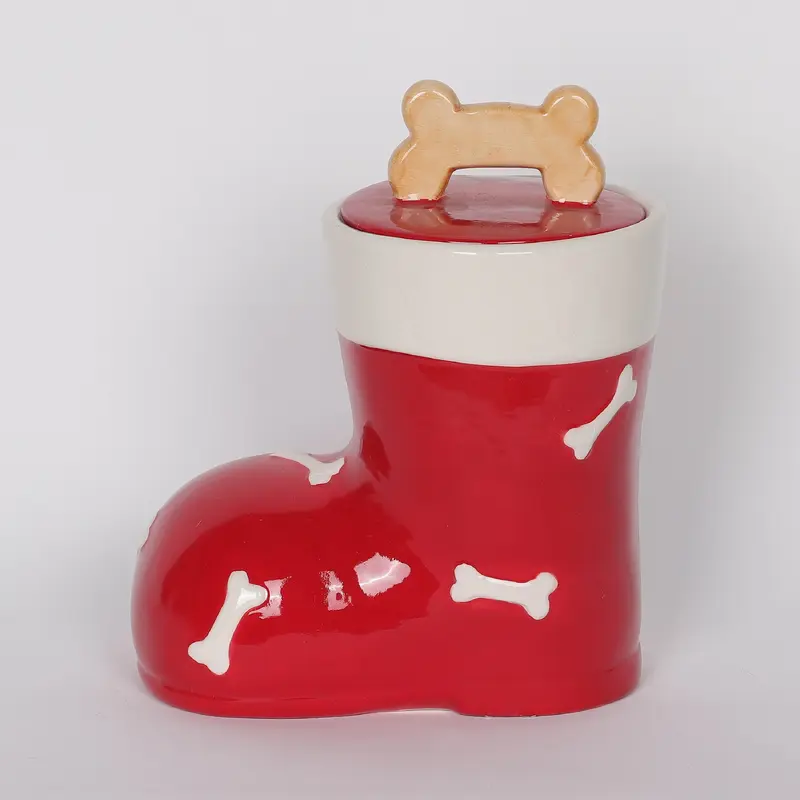 Christmas Ceramic Dog Bone Boots Jar with Lid