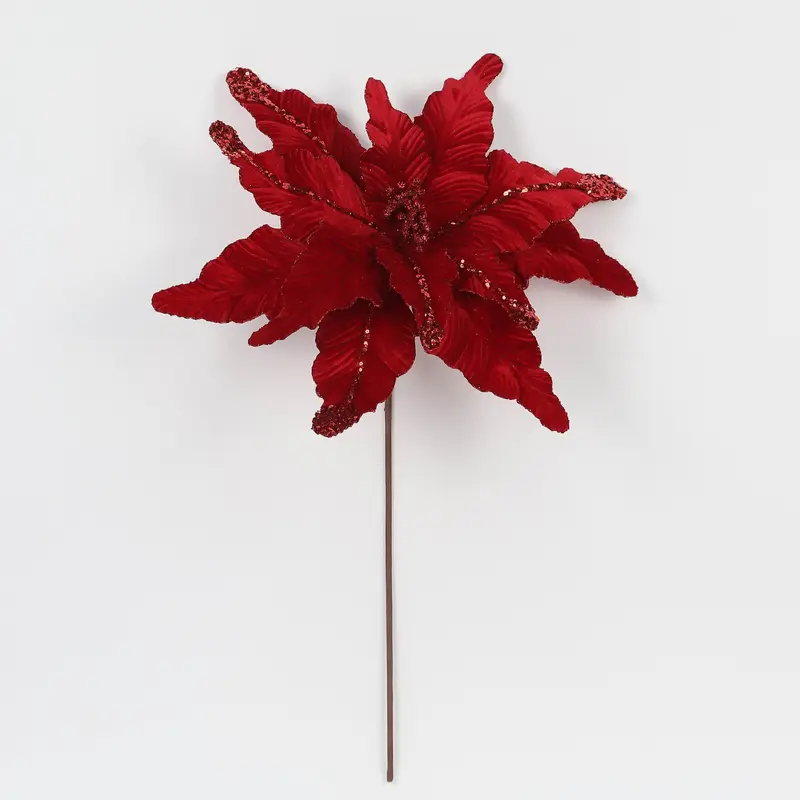 Deep red leafy poinsettia pick