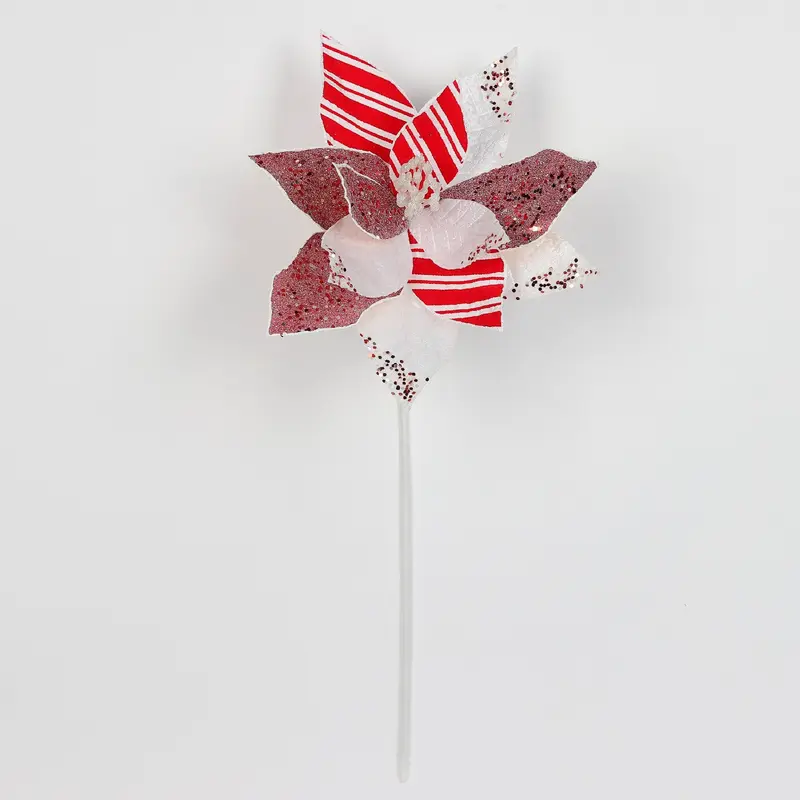Stripped white and red poinsettia glitter pick