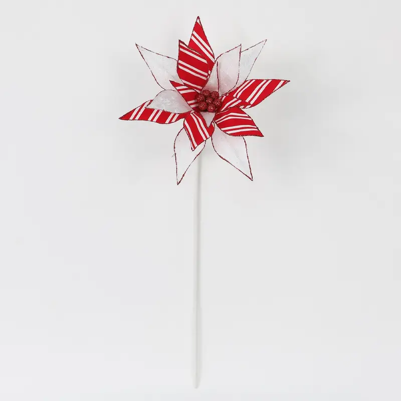 Stripped white and red poinsettia pick
