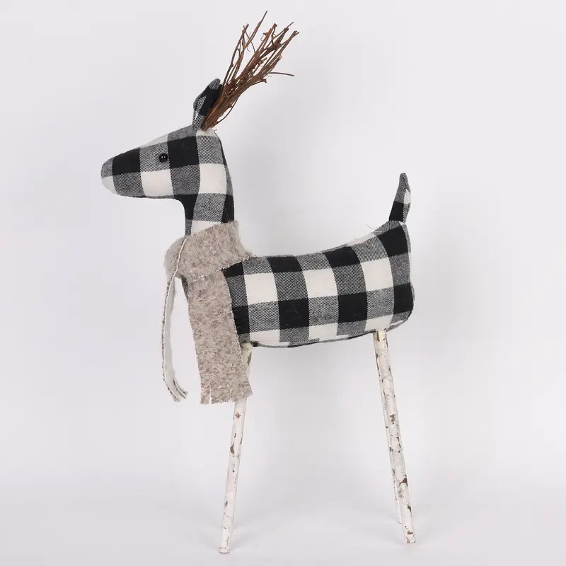 Black and white checkered reindeer plush with bark wood legs