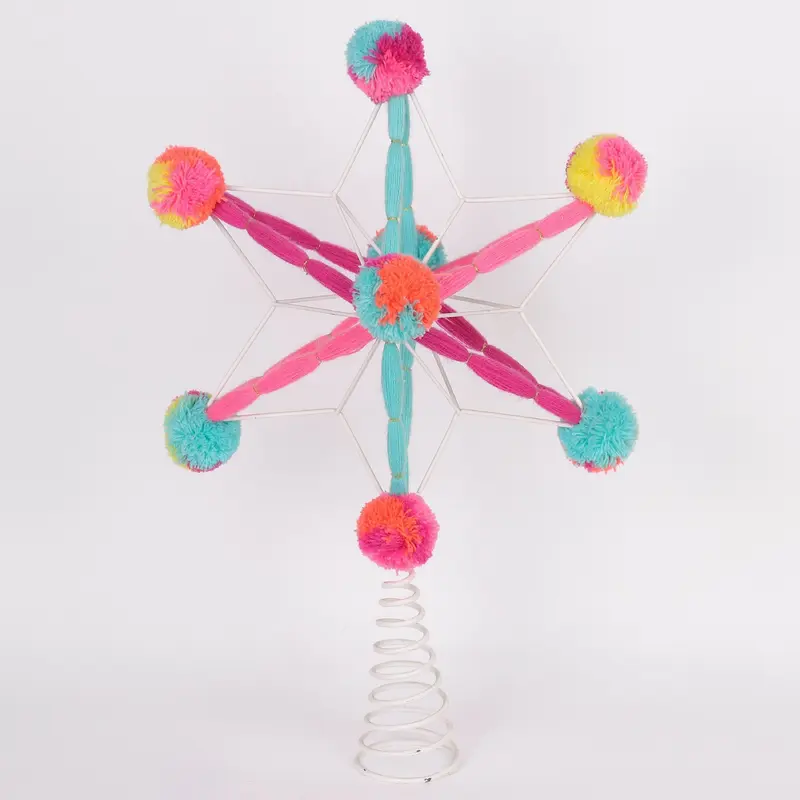 Colorful tree toppers with cotton lines and pom poms