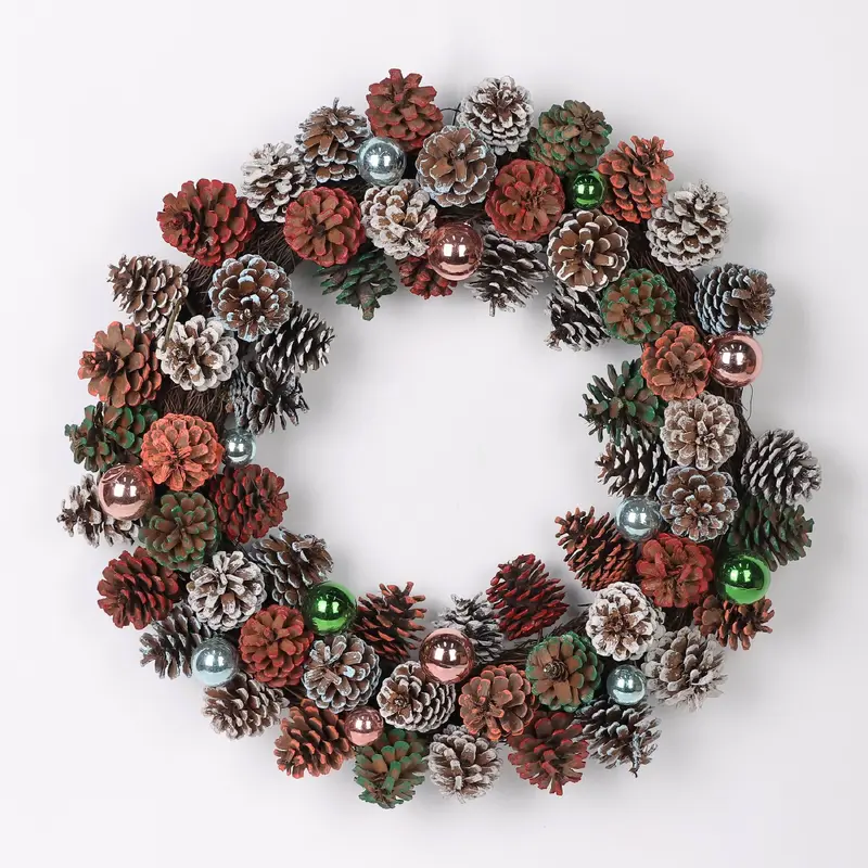 Assorted colorful pinecones wreath