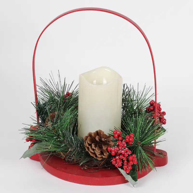 candle holder Wooden base with LED candles and metal handle