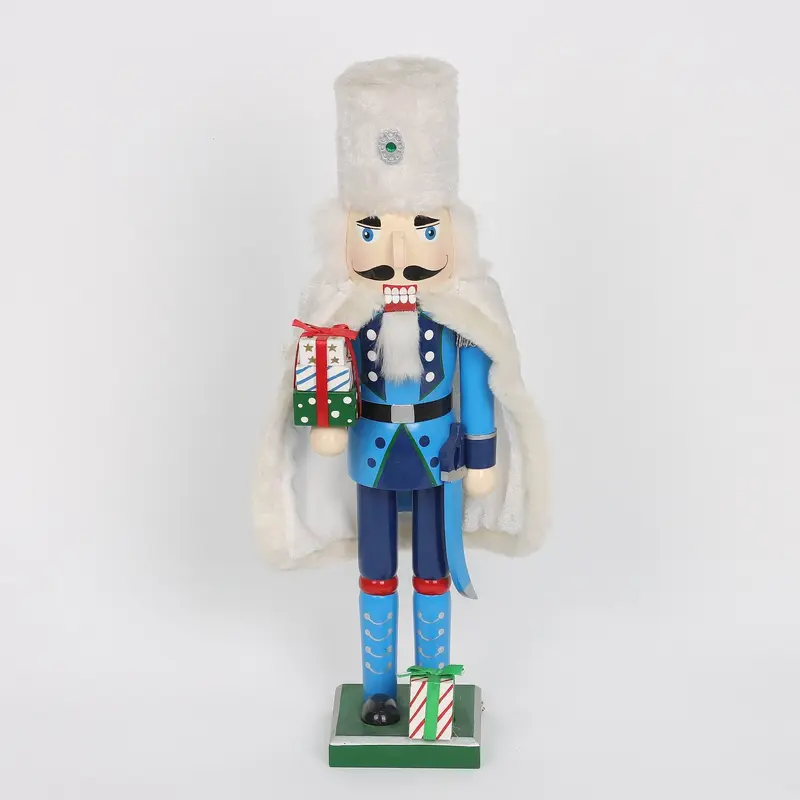 Deep blue nutcracker with furry hat and cape