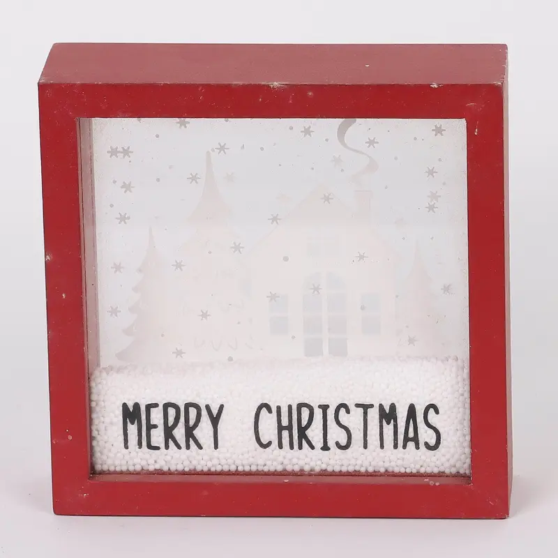 Snowing village with styrofoam snow wall hang