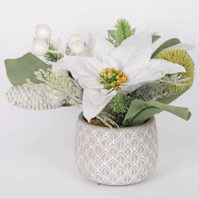 White floral arrangements in polyresin pot