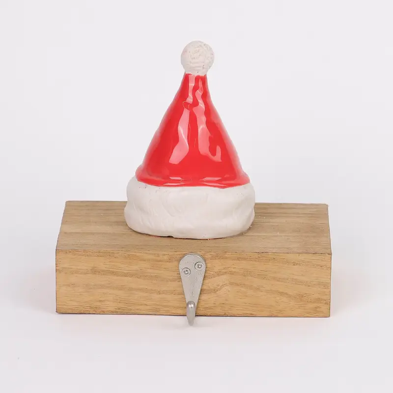 Ceramic Santa's hat withwooden base stocking holder