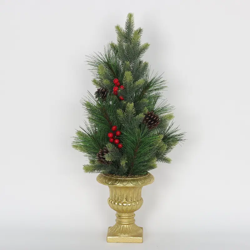 Evergreen tree with berries and pinecones in golden base