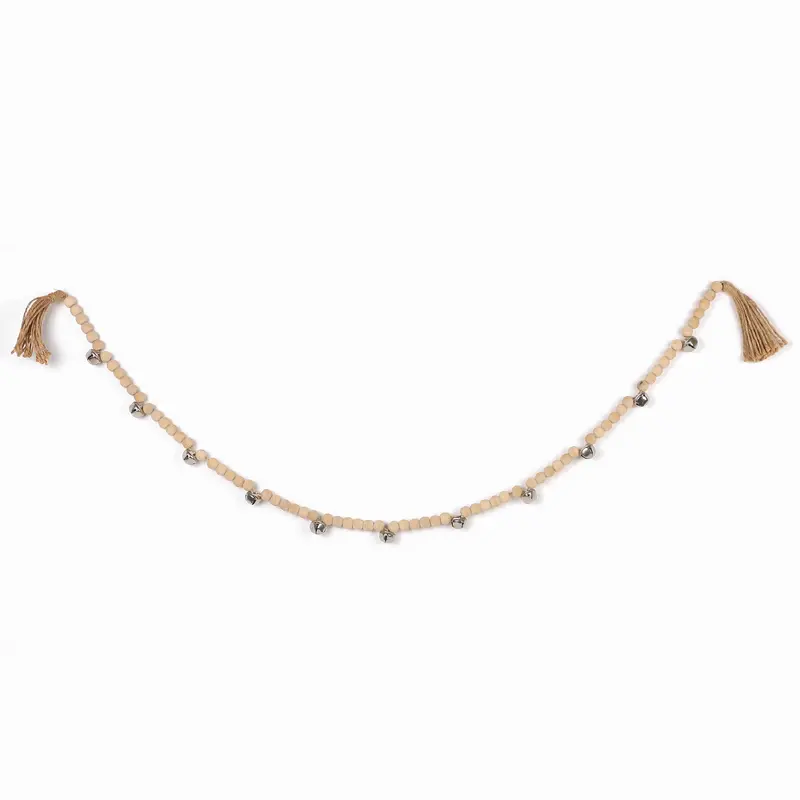 Wooden beads garland with jingle bells and burlap tail