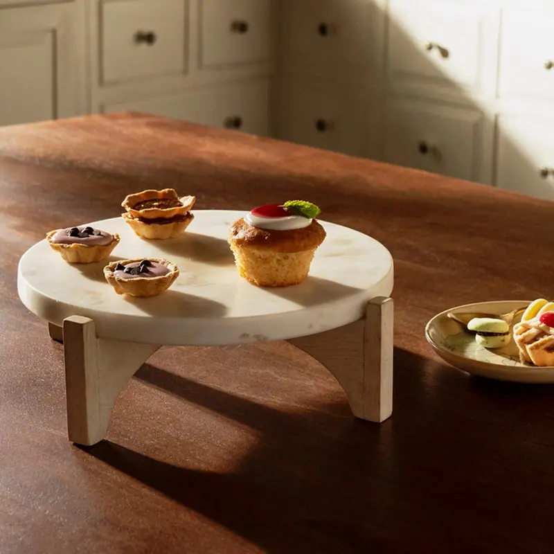 White Marble Cake Stand with Wooden Base