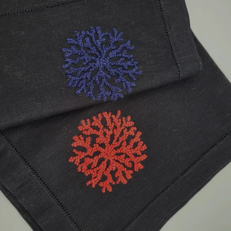 Linen Napkin Hand Embroidered Blue and Red Coral on Black