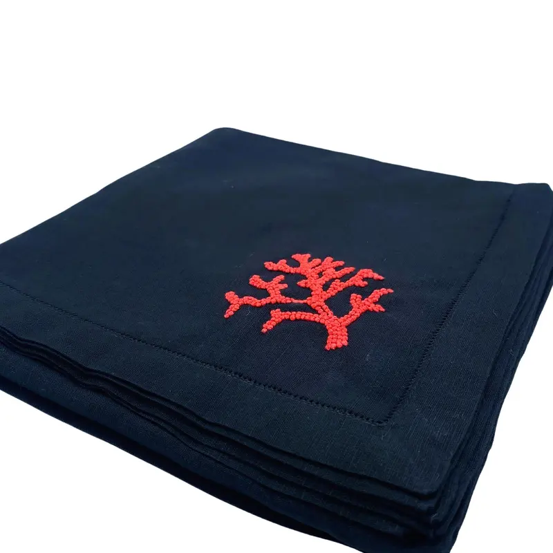 Linen Napkin Hand Embroidered Coral on Black