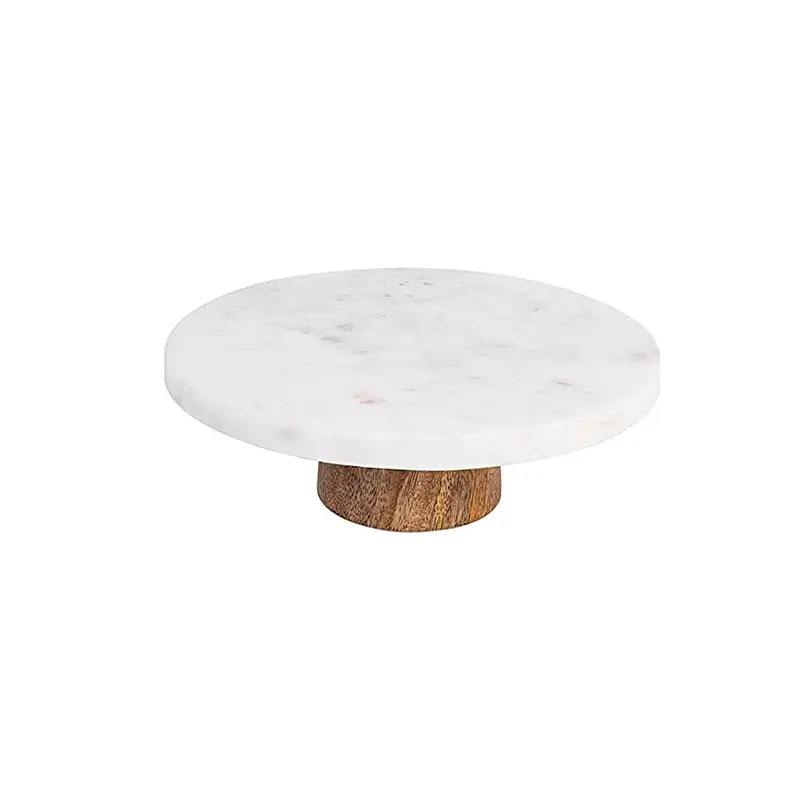 Round Block Marble Cake Stand with Wooden Base