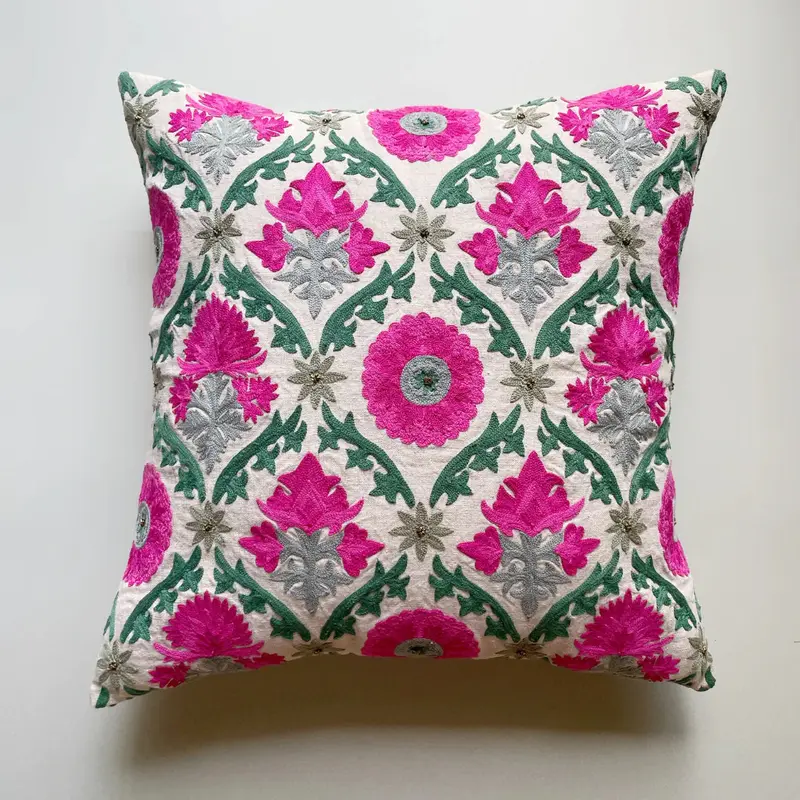 Suzani Linen Cushion Firozi Green