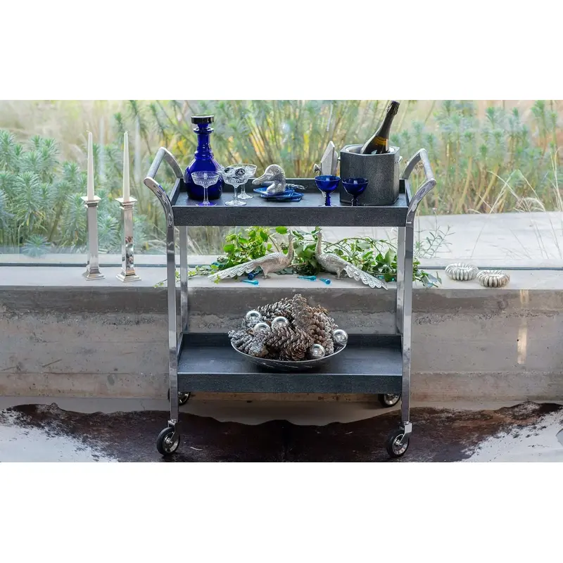 Faux Shagreen Drinks Trolley/Bar Cart With Handle - Charcoal