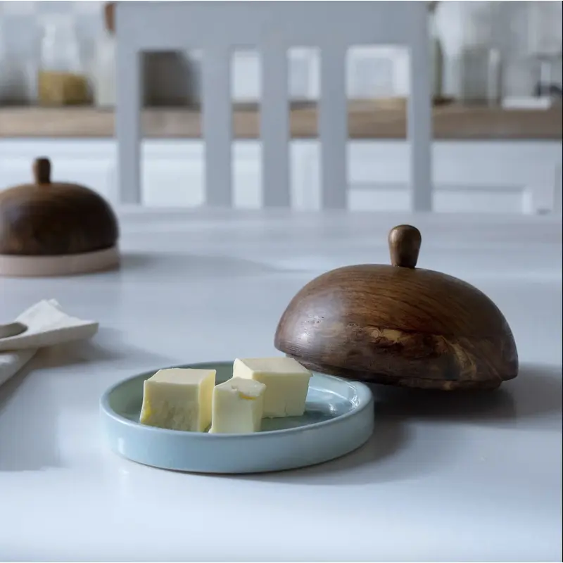 Ceramic Butter Dish Polka Dots W/Wdn Lid Blue