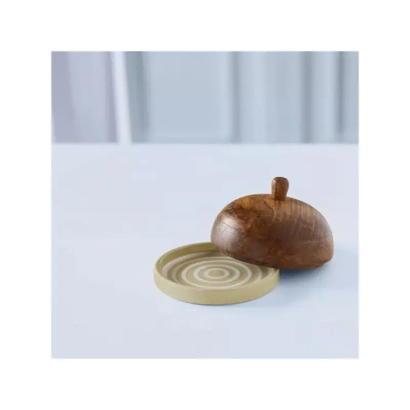 Ceramic Butter Dish Stripes W/Wdn Lid Lemon