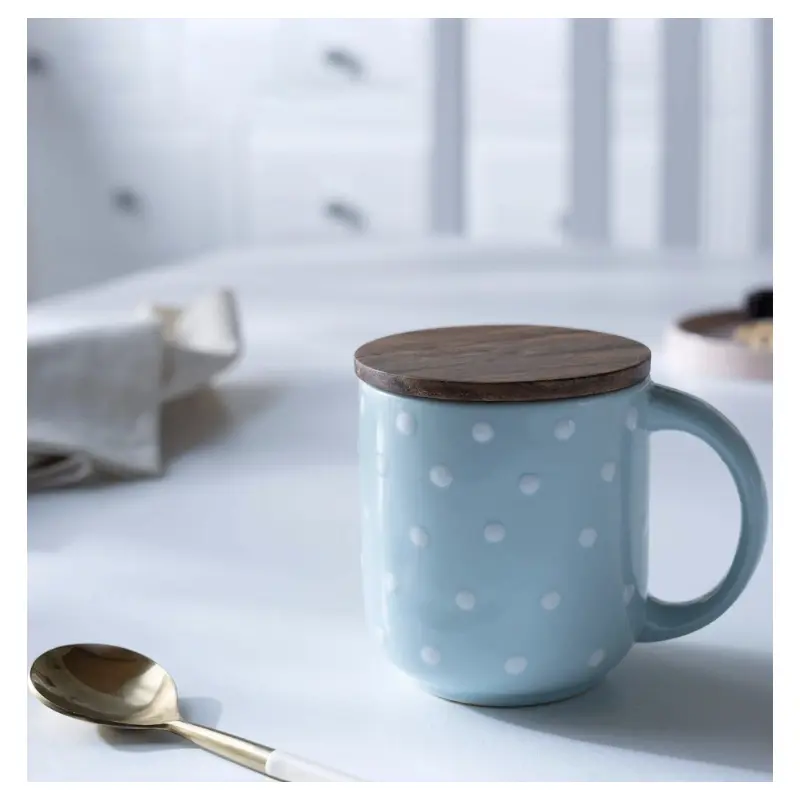 Ceramic Mug Polka Dots W/Wdn Lid Blue