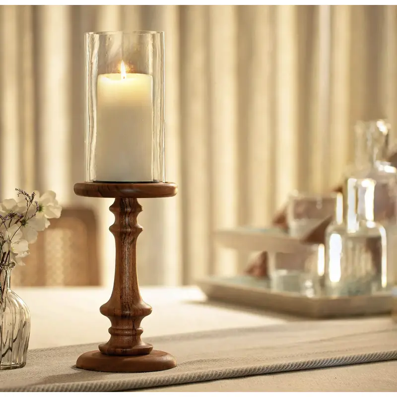 Glass & Wood Pedestal Hurricane