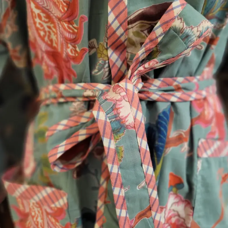 Robe Cotton Block Print Tropical Flower Aqua