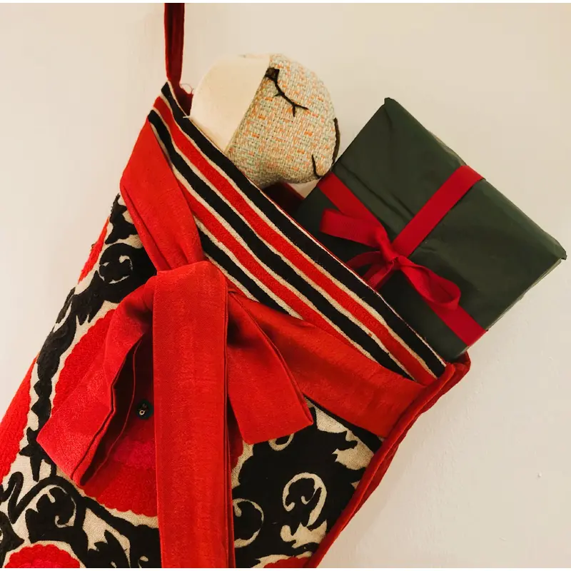 Suzani Christmas Stocking w/ Black & Red Stripes