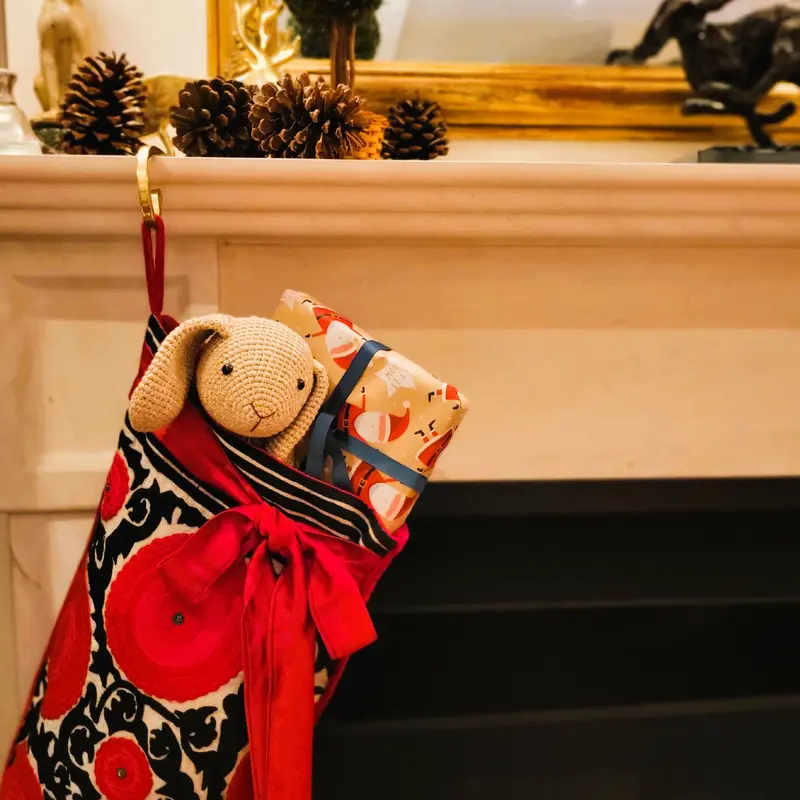 Suzani  Christmas Stocking w/ Black Stripes