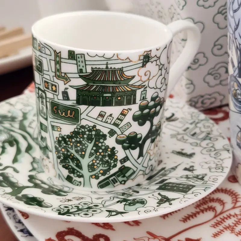 Willow Series HK Espresso Cup & Saucer Gold Green Set of 2