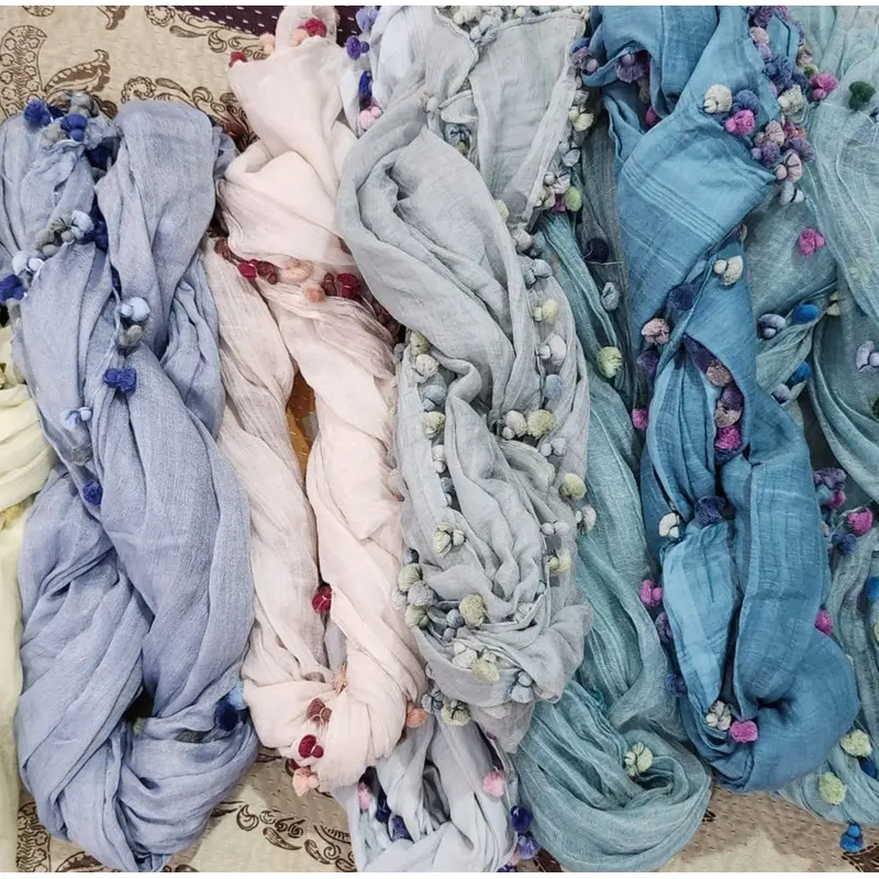 Cotton Scarf Pompom Fringe