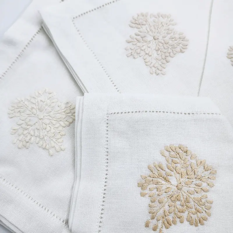 Linen Napkin Hand Embroidered Floral Beige on White