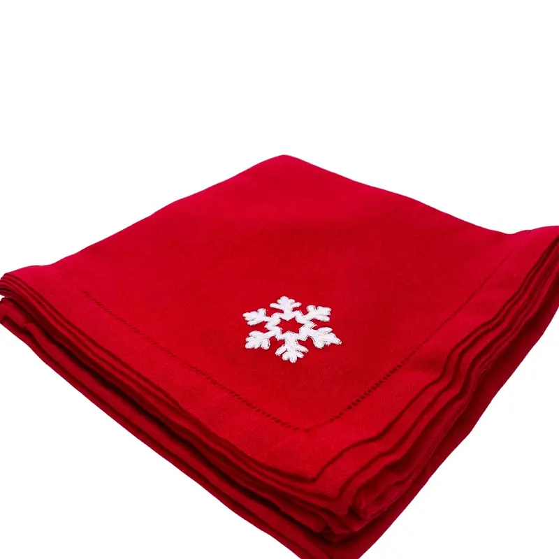 Linen Napkin Hand Embroidered Snowflake White on Red