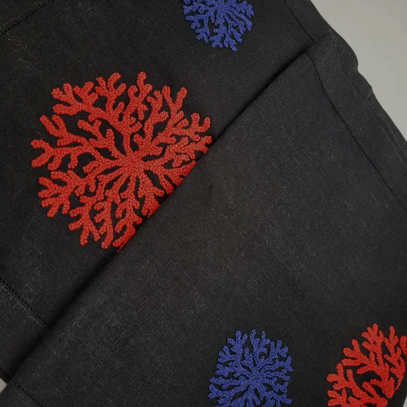 Linen Runner Hand Embroidered Coral and Blue on Black
