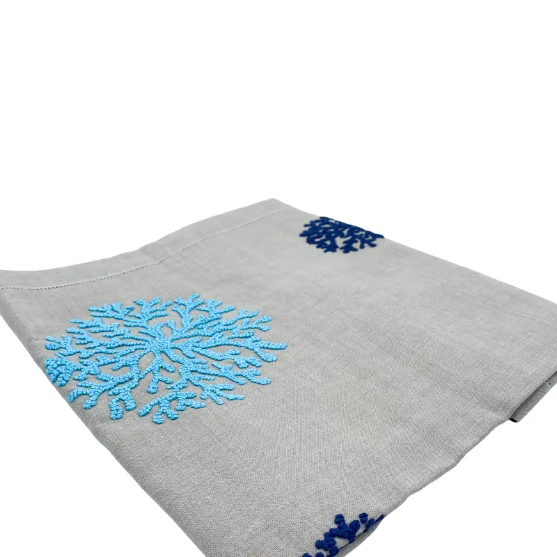 Linen Runner Hand Embroidered Coral Natural Blue