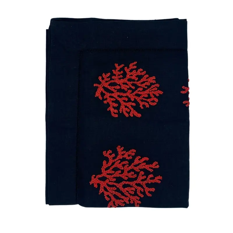 Linen Runner Hand Embroidered Coral Red on Black