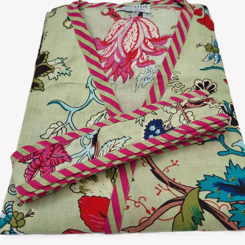 Robe Cotton Block Print Tropical Flower Green