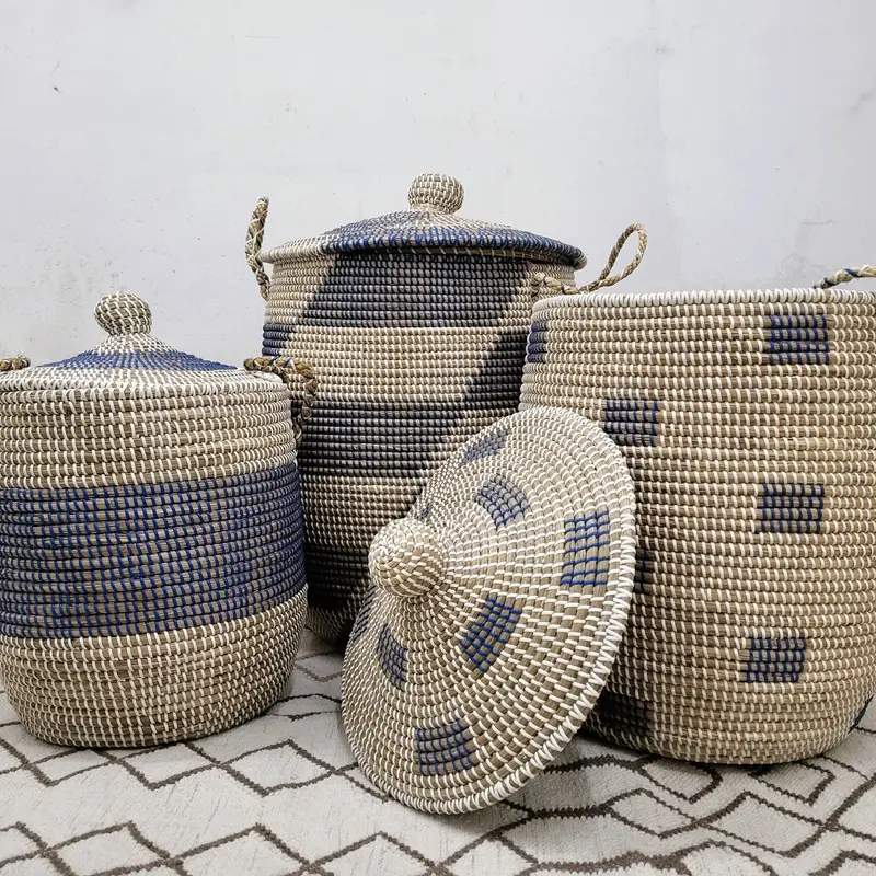 Seagrass Laundry Basket W/Lid - Blue