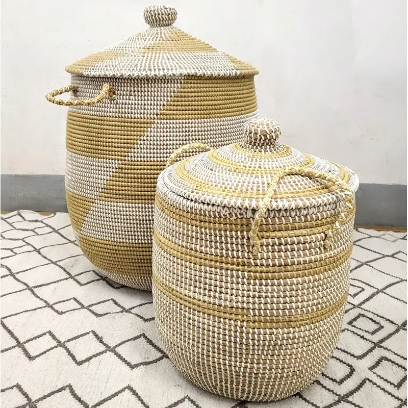 Seagrass Laundry Basket W/ Lid - White