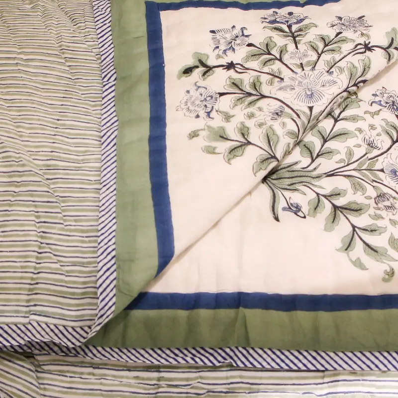 Block Print Quilt Flowers & Stripes Blue