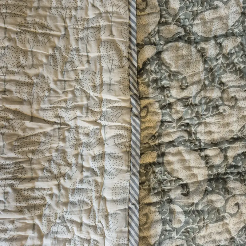 Block Print Quilt Paisley Grey