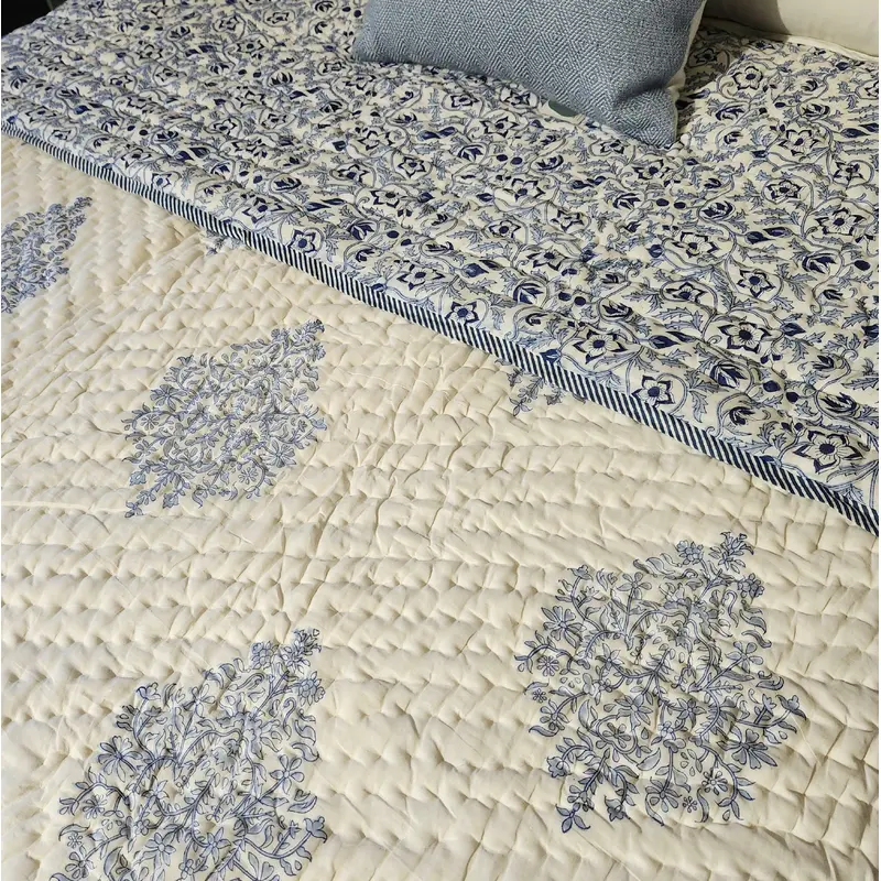 Block Print Quilt Queen Blue & White