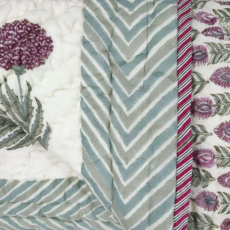 Block Print Quilt Single Cream, Green and Pink